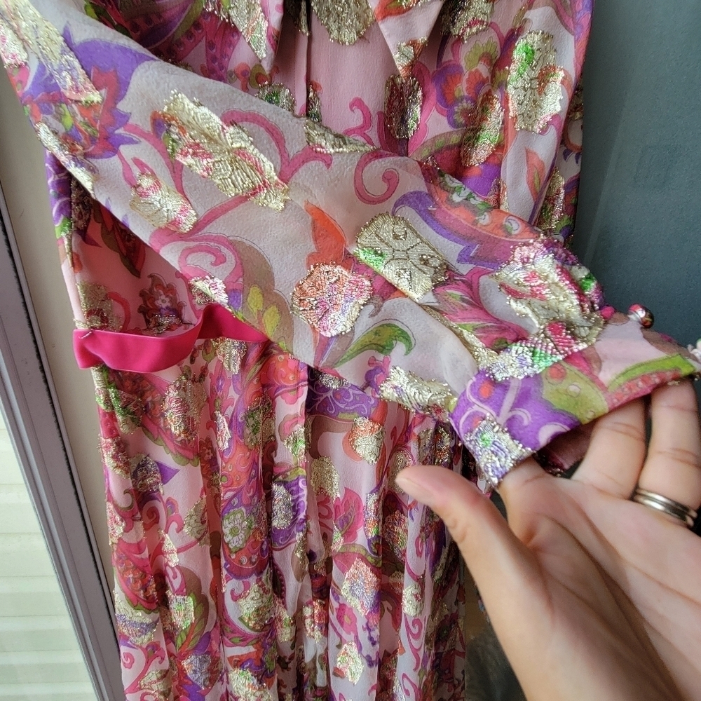 Vintage Handmade Custome Japanese Asian Pink Gold Flowering Long Dress Pink Bow - Picture 12 of 15